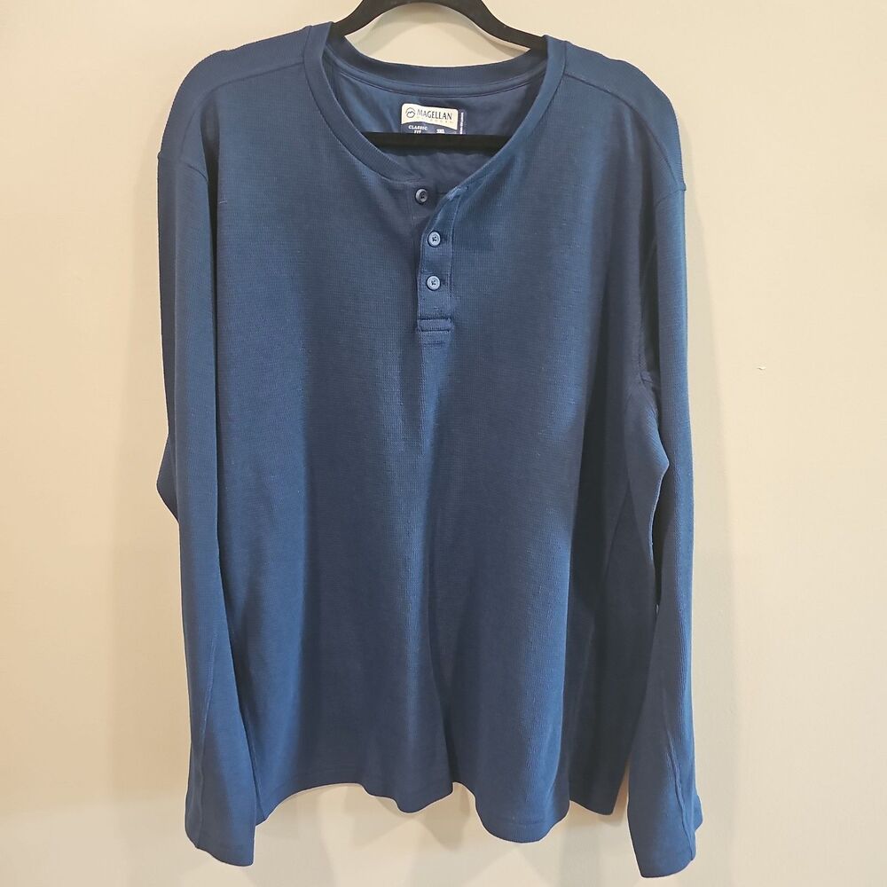 Magellan Mens 3XL Long Sleeve Shirt Blue Waffle Knit Wicking Henley Classic